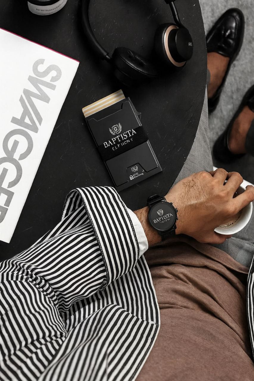 Baptista Element: Cartera de tarjeta inteligente para hombre delgada: cartera minimalista para hombres - Cartera de bolsillo frontal desplegable con bloqueo RFID, cartera de metal para 11 tarjetas, Obsidiana