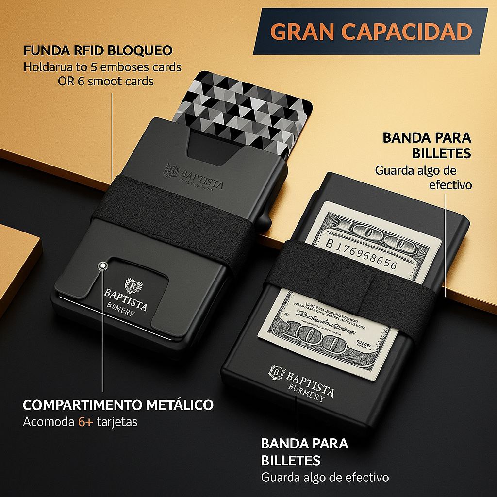 Baptista Element: Cartera de tarjeta inteligente para hombre delgada: cartera minimalista para hombres - Cartera de bolsillo frontal desplegable con bloqueo RFID, cartera de metal para 11 tarjetas, Obsidiana